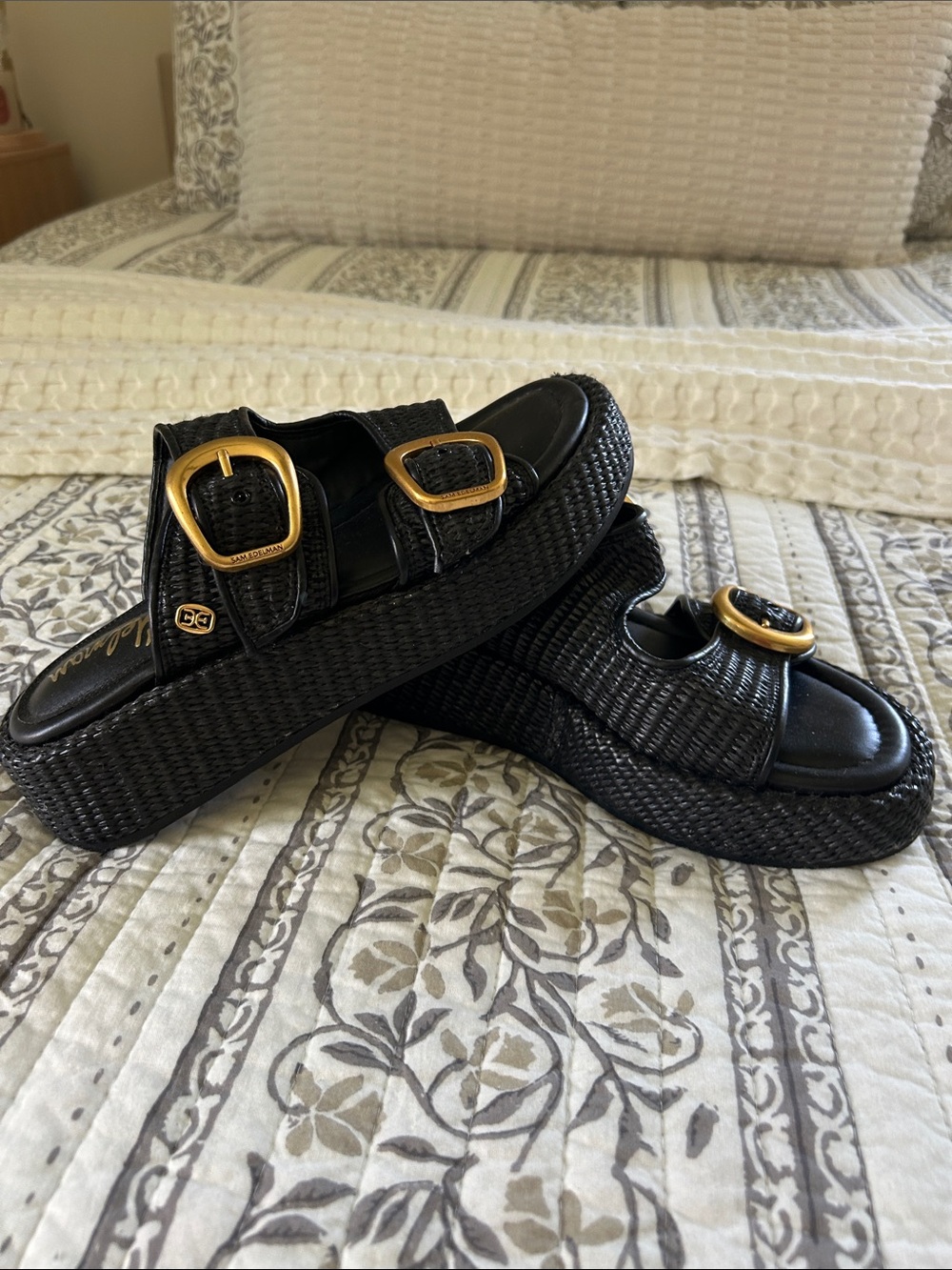 Sam Edelman Black Woven Platform Slide Sandals with Gold Buckles